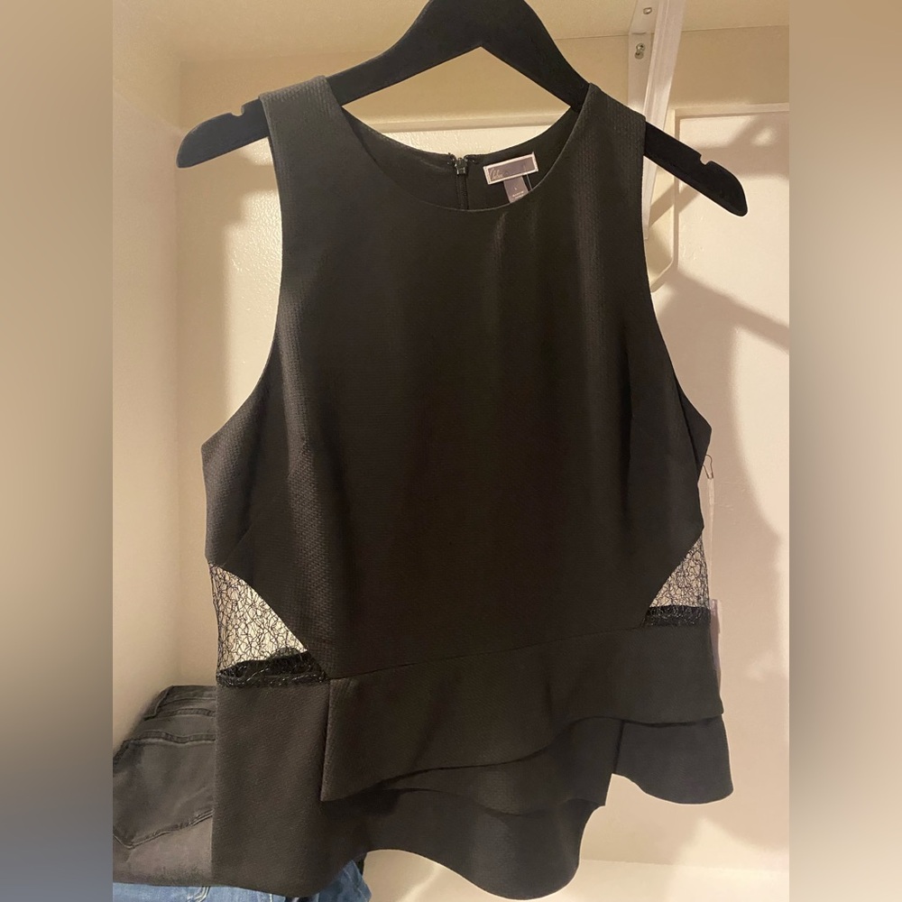 Black Peplum Top. Lace Sides. NWT